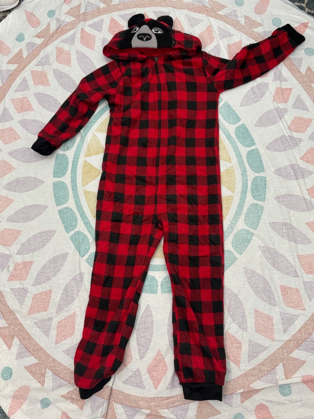 Kids Red and Black Buffalo Plaid Bear Hooded One-Piece